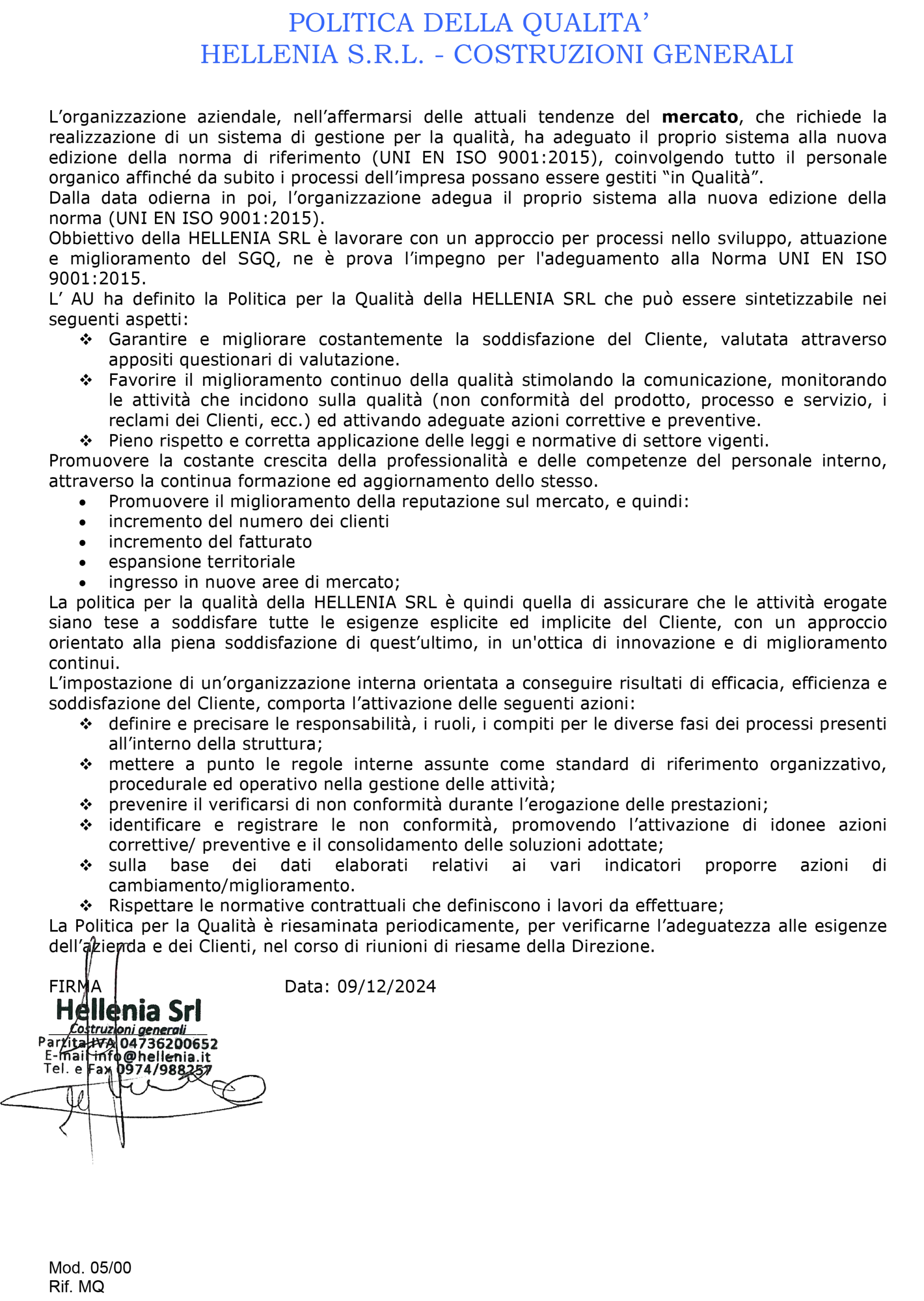 POLITICA DELLA QUALITA_HELLENIA SRL